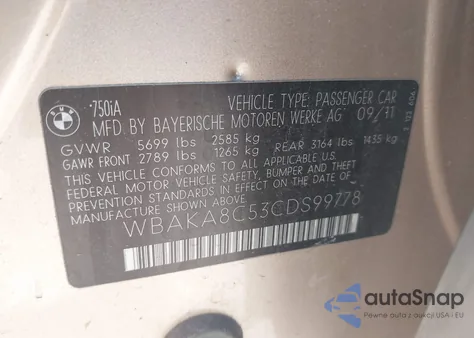 2012 BMW 750 I from USA, damaged, VIN WBAKA8C53CDS99778